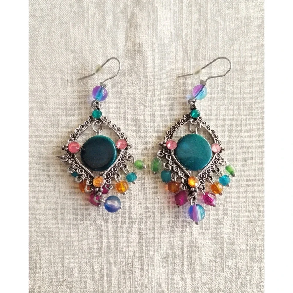 Boho Chic Dangle Earrings‎ Silver Tone Colorful Bead Statement Jewelry
